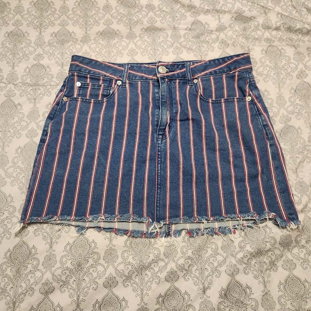 American Eagle Super Stretch Red White Blue Striped Denim Mini Skirt Size 12